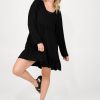 Women R2W DRESS | Black Slinky To Touch - Baby Doll Tiered V Neck Mini Dress W/ Elasticated Sleeve