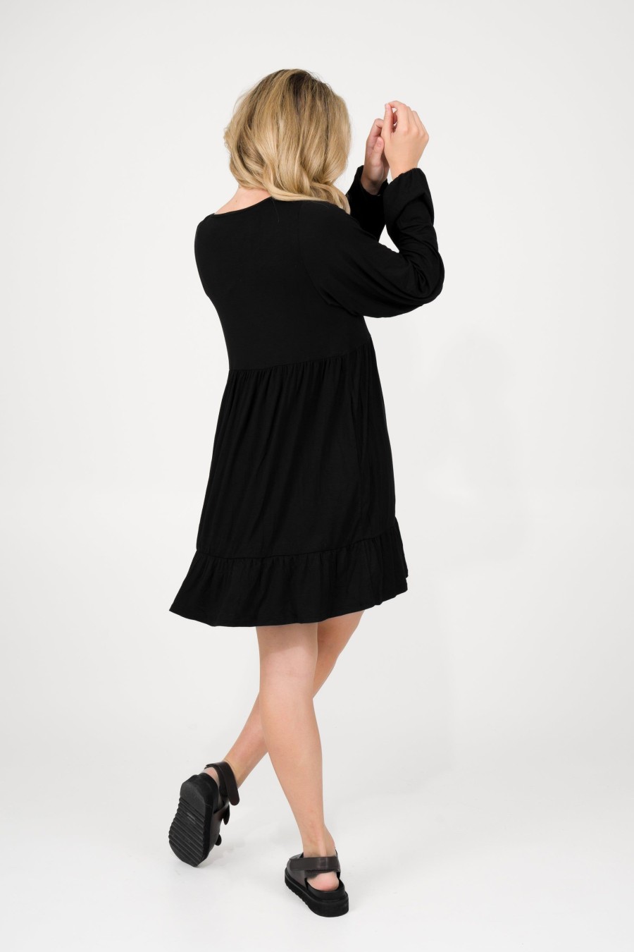 Women R2W DRESS | Black Slinky To Touch - Baby Doll Tiered V Neck Mini Dress W/ Elasticated Sleeve